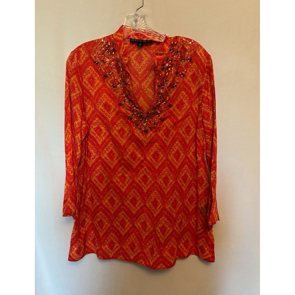 Lafayette 148 New York Cotton Geometric Shirt Beaded Sheer Tunic Blouse size 8